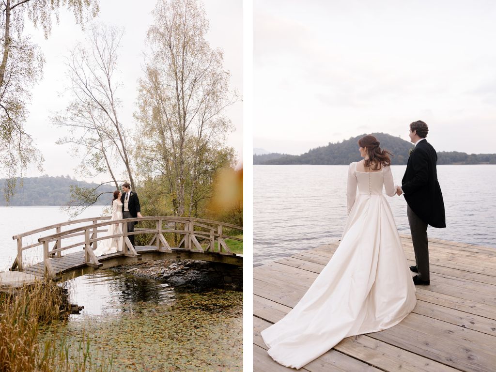 Phillipa Lepley Bride Georgina Loch Lomond Wedding Simple Duchess Satin Couture Long Sleeve Wedding Dress With Lace Silk Tulle Veil