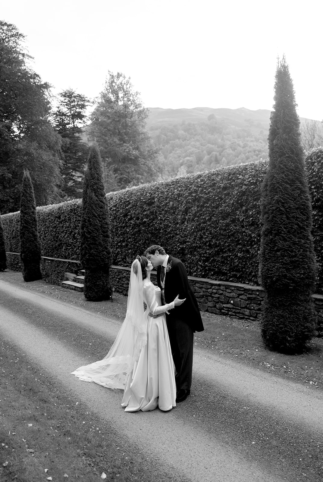 Phillipa Lepley Bride Georgina Loch Lomond Wedding Simple Duchess Satin Couture Long Sleeve Wedding Dress With Lace Silk Tulle Veil