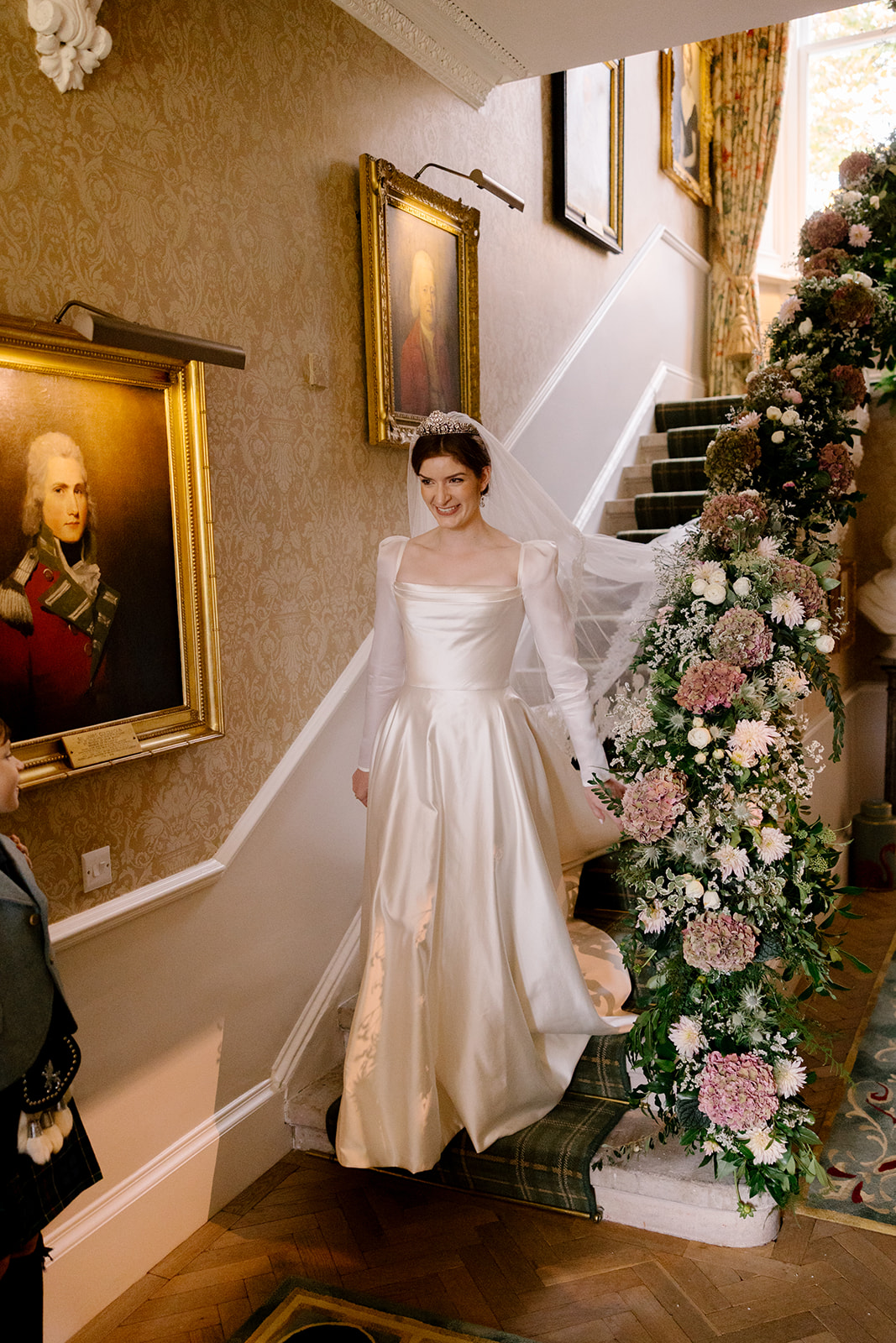 Phillipa Lepley Bride Georgina Loch Lomond Wedding Simple Duchess Satin Couture Long Sleeve Wedding Dress With Lace Silk Tulle Veil