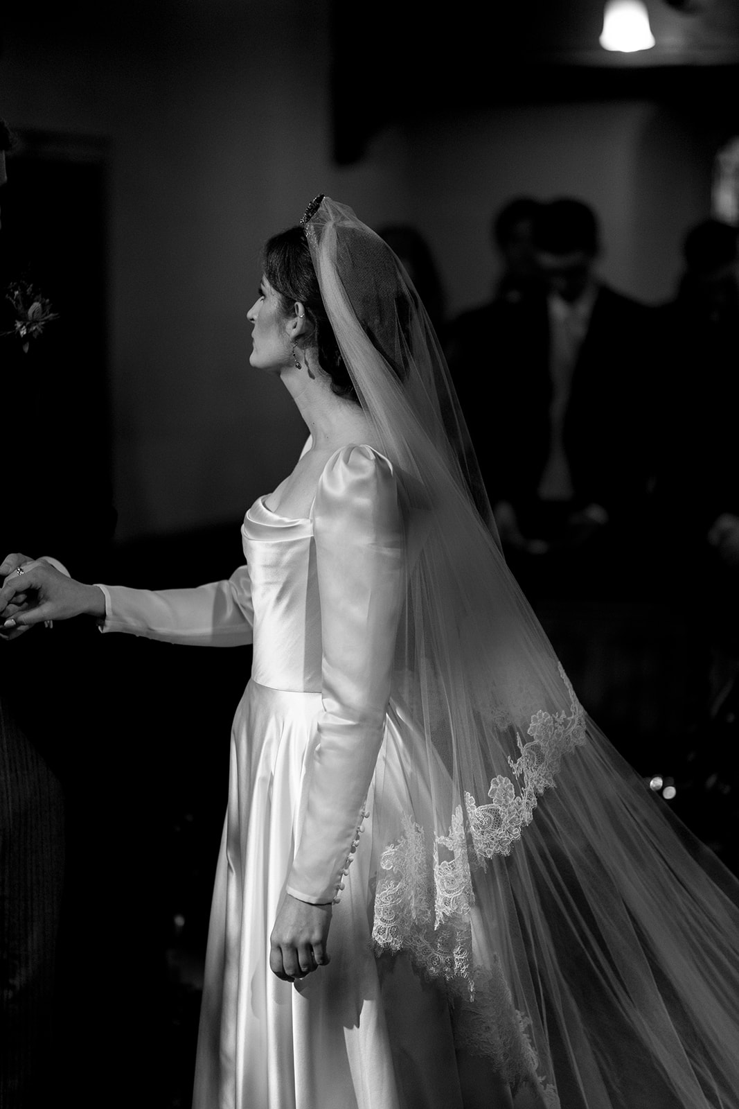 Phillipa Lepley Bride Georgina Loch Lomond Wedding Simple Duchess Satin Couture Long Sleeve Wedding Dress With Lace Silk Tulle Veil