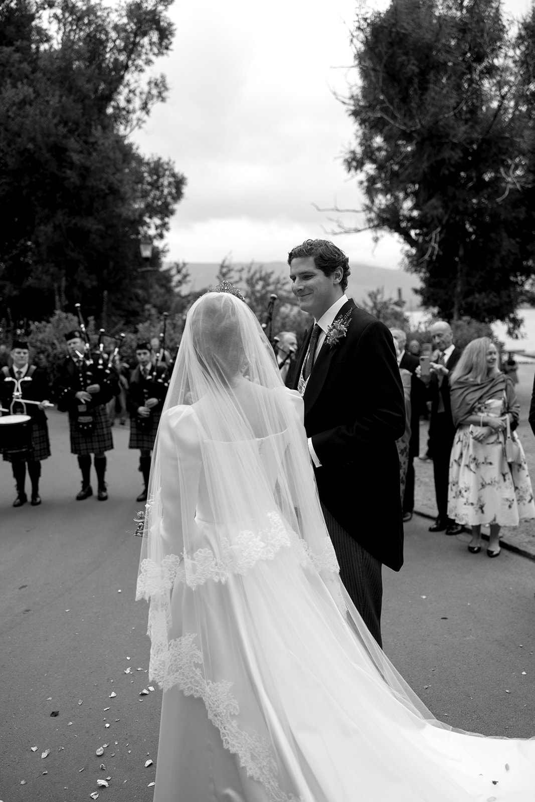Phillipa Lepley Bride Georgina Loch Lomond Wedding Simple Duchess Satin Couture Long Sleeve Wedding Dress With Lace Silk Tulle Veil