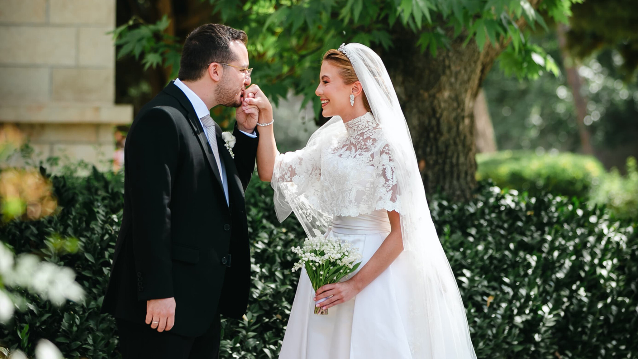 Phillipa Lepley Couture Real Bride Princess Aisha of Jordan Embroidered Capelet And Bespoke Dress And Veil