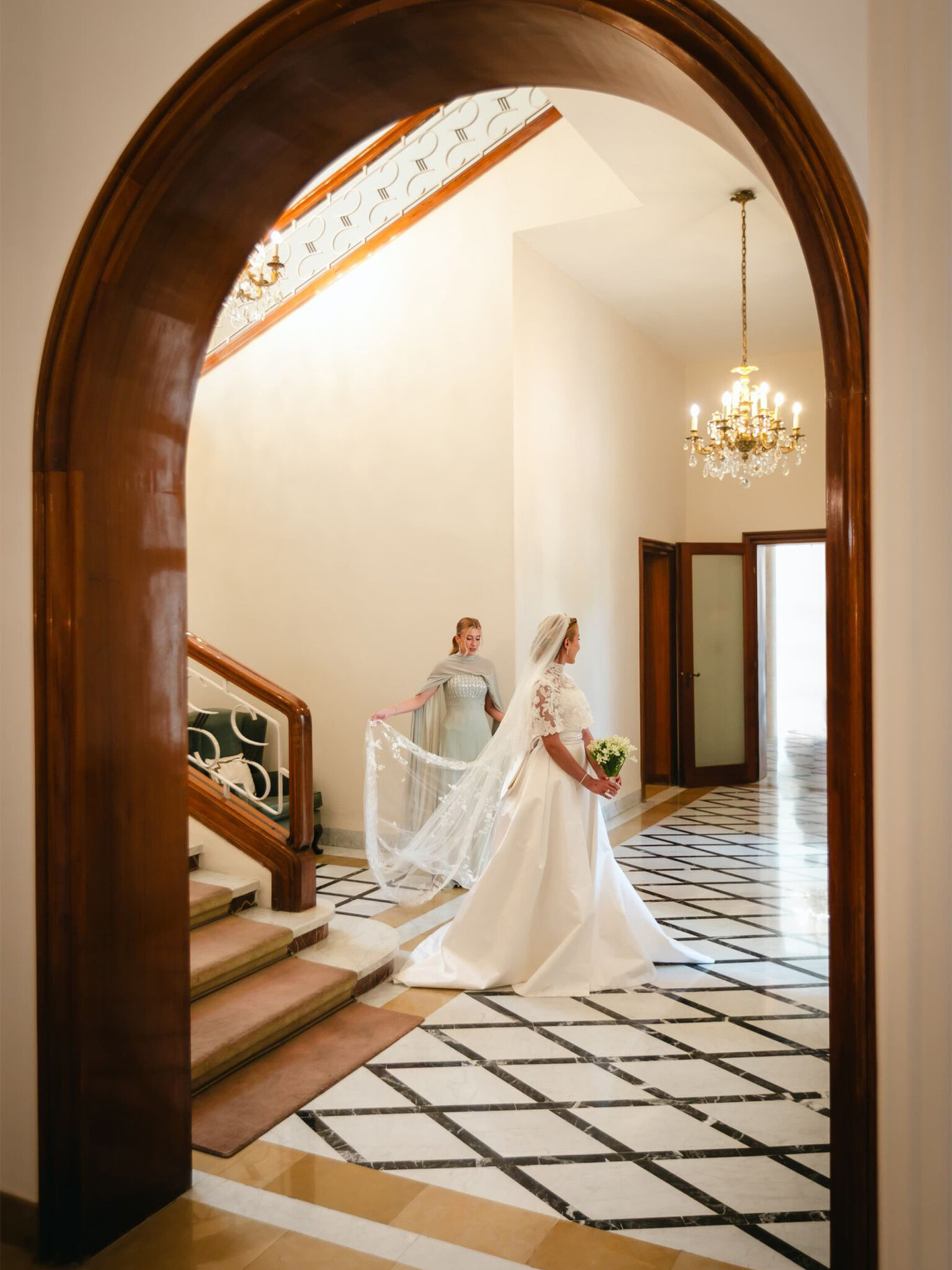 Phillipa Lepley Couture Real Bride Princess Aisha of Jordan Embroidered Capelet And Bespoke Dress And Veil