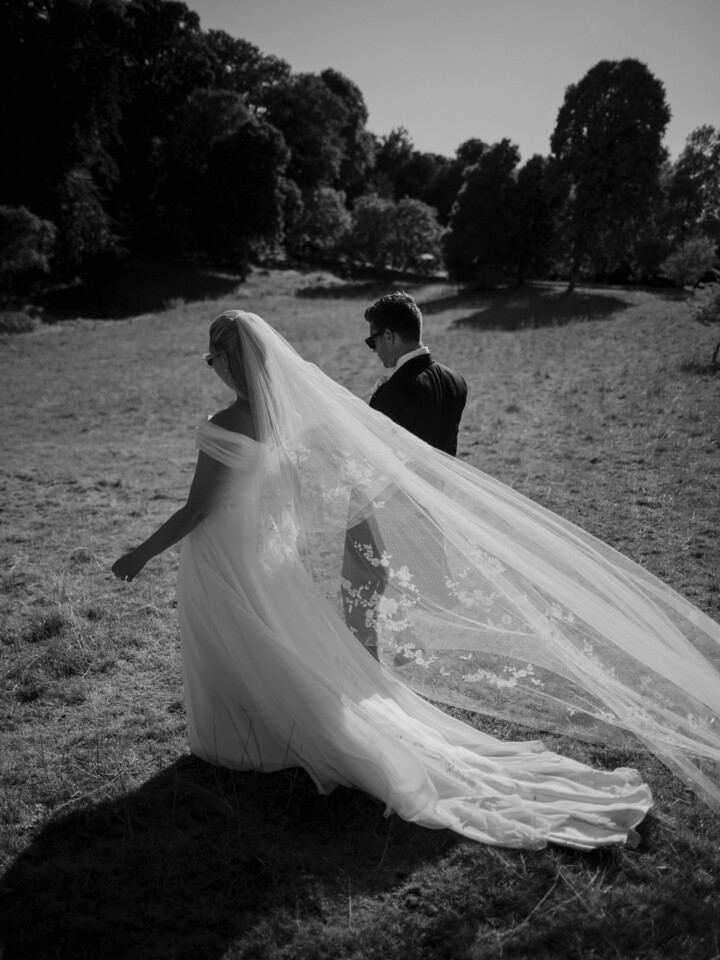Phillipa Lepley bride Flo English Countryside Wedding Lightweight Georgette Off The Shoulder Couture Wedding Dress with Bespoke Embroidered Veil