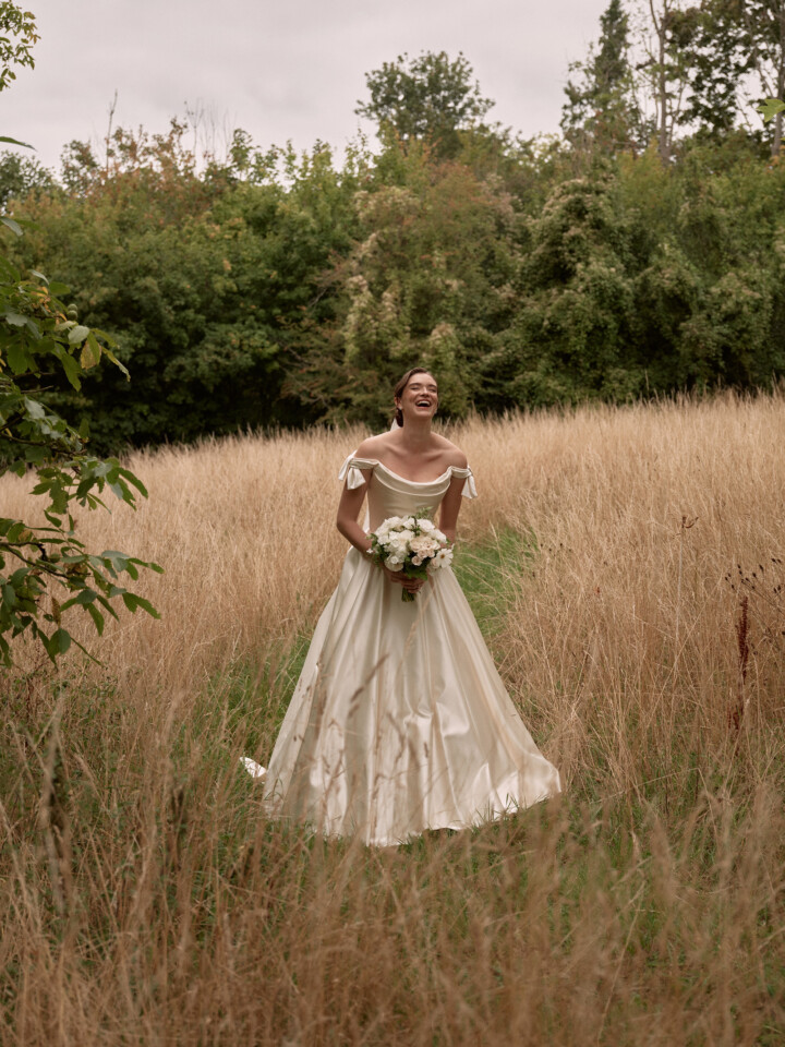 Phillipa Lepley Bride Caroline Off The Shoulder Duchess Satin Bespoke Luxury Wedding Dress Beaverbrook
