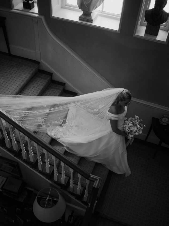 Phillipa Lepley bride Flo English Countryside Wedding Lightweight Georgette Off The Shoulder Couture Wedding Dress with Bespoke Embroidered Veil