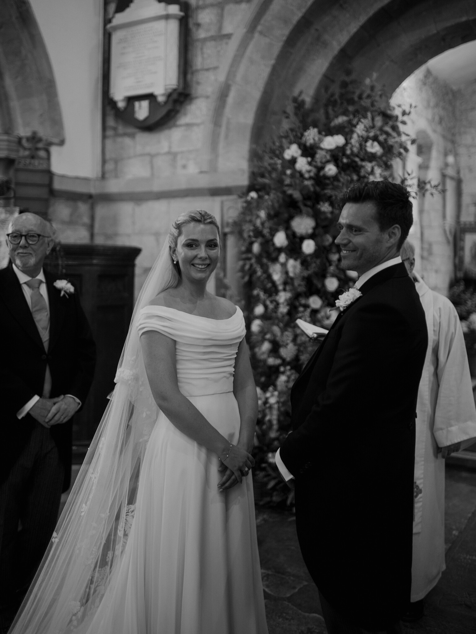 Phillipa Lepley bride Flo English Countryside Wedding Lightweight Georgette Off The Shoulder Couture Wedding Dress with Bespoke Embroidered Veil