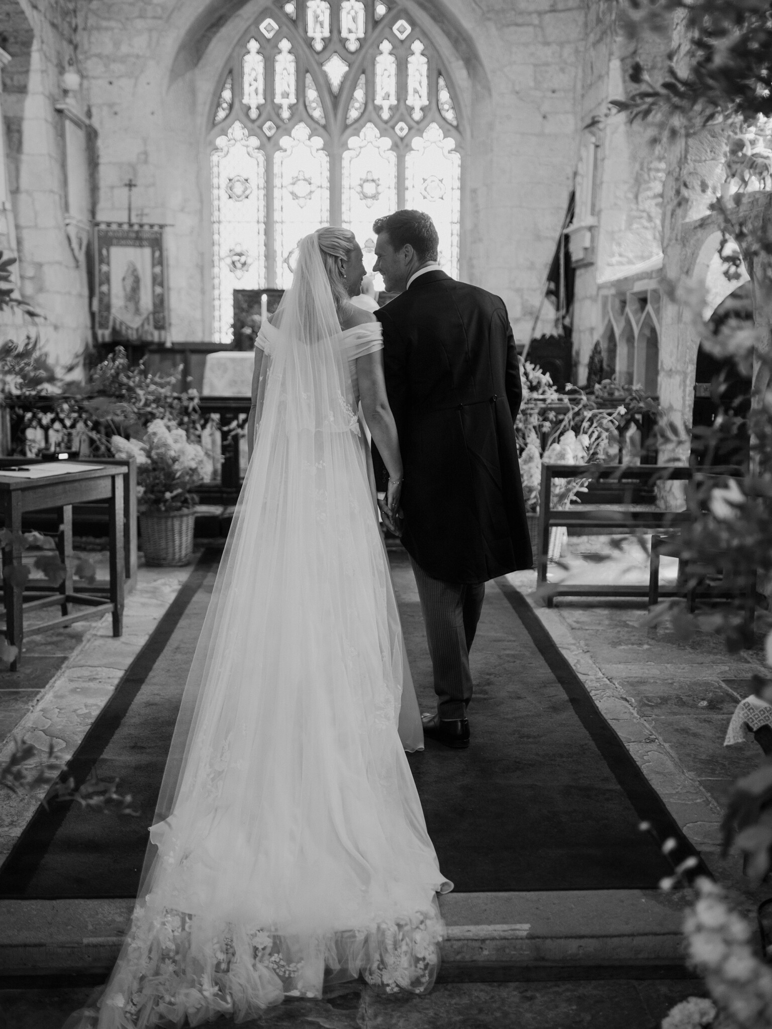 Phillipa Lepley bride Flo English Countryside Wedding Lightweight Georgette Off The Shoulder Couture Wedding Dress with Bespoke Embroidered Veil