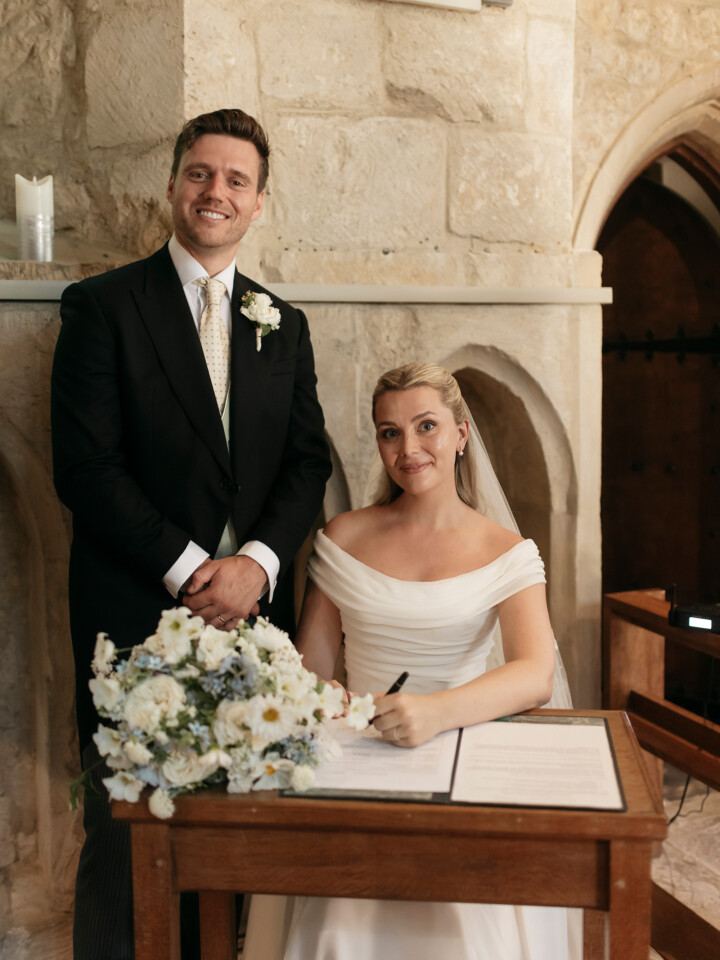 Phillipa Lepley bride Flo English Countryside Wedding Lightweight Georgette Off The Shoulder Couture Wedding Dress with Bespoke Embroidered Veil