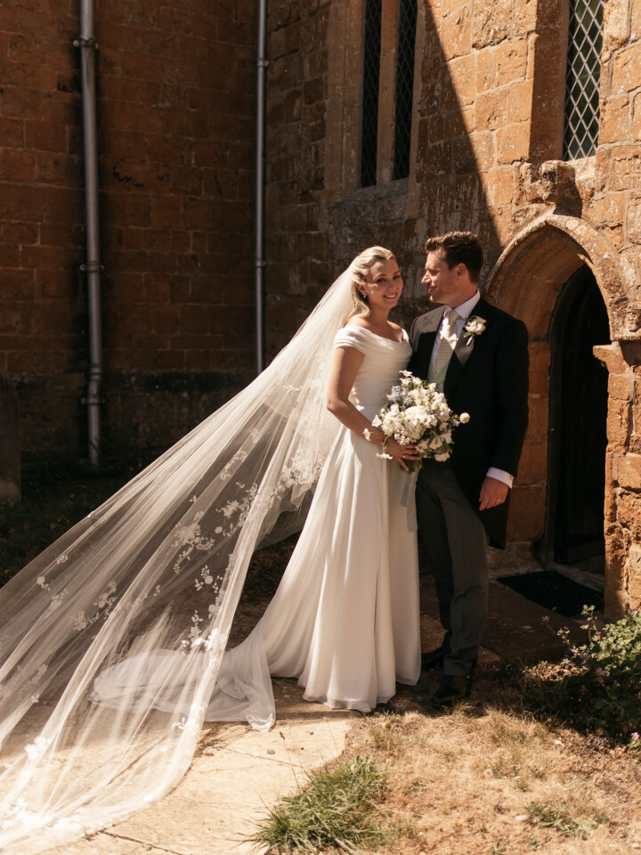 Phillipa Lepley bride Flo English Countryside Wedding Lightweight Georgette Off The Shoulder Couture Wedding Dress with Bespoke Embroidered Veil