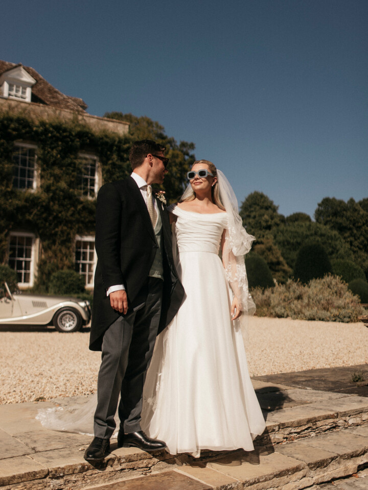 Phillipa Lepley bride Flo English Countryside Wedding Lightweight Georgette Off The Shoulder Couture Wedding Dress with Bespoke Embroidered Veil