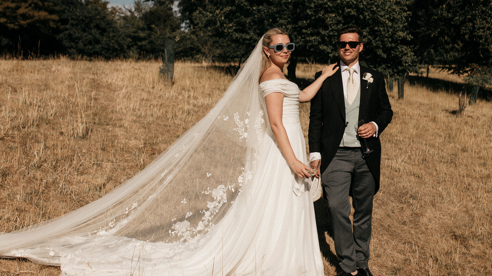 Phillipa Lepley bride Flo English Countryside Wedding Lightweight Georgette Off The Shoulder Couture Wedding Dress with Bespoke Embroidered Veil