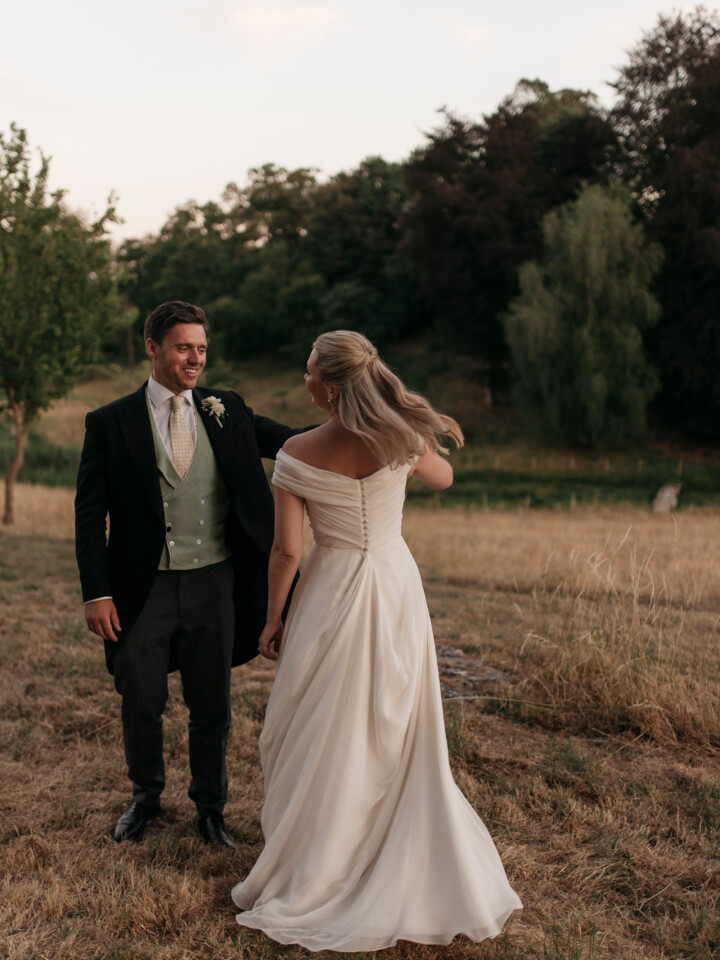 Phillipa Lepley bride Flo English Countryside Wedding Lightweight Georgette Off The Shoulder Couture Wedding Dress with Bespoke Embroidered Veil