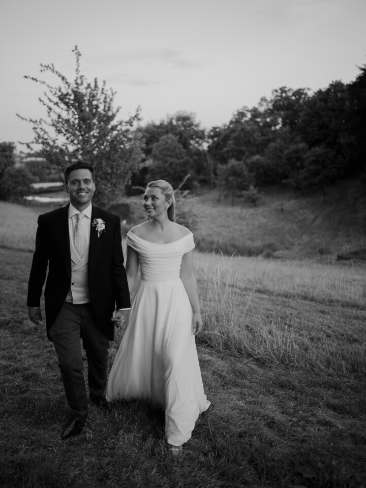 Phillipa Lepley bride Flo English Countryside Wedding Lightweight Georgette Off The Shoulder Couture Wedding Dress with Bespoke Embroidered Veil
