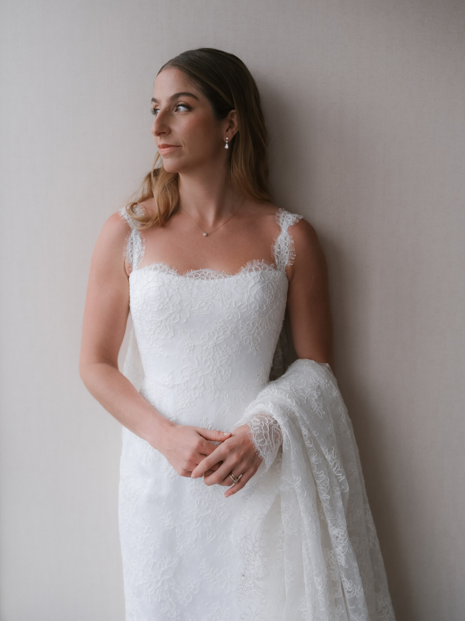 Phillipa Lepley Bride Rachel Hong Kong Wedding Lace Strap Wedding Dress Column Skirt With Lace Scalloped Watteau