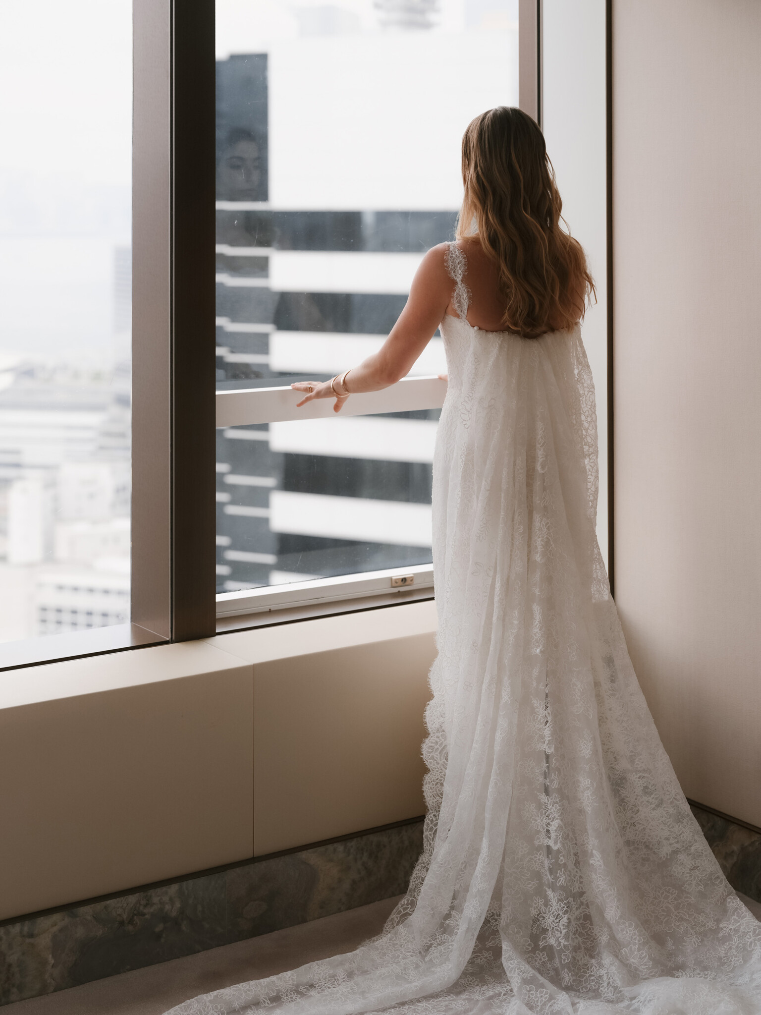 Phillipa Lepley Bride Rachel Hong Kong Wedding Lace Strap Wedding Dress Column Skirt With Lace Scalloped Watteau