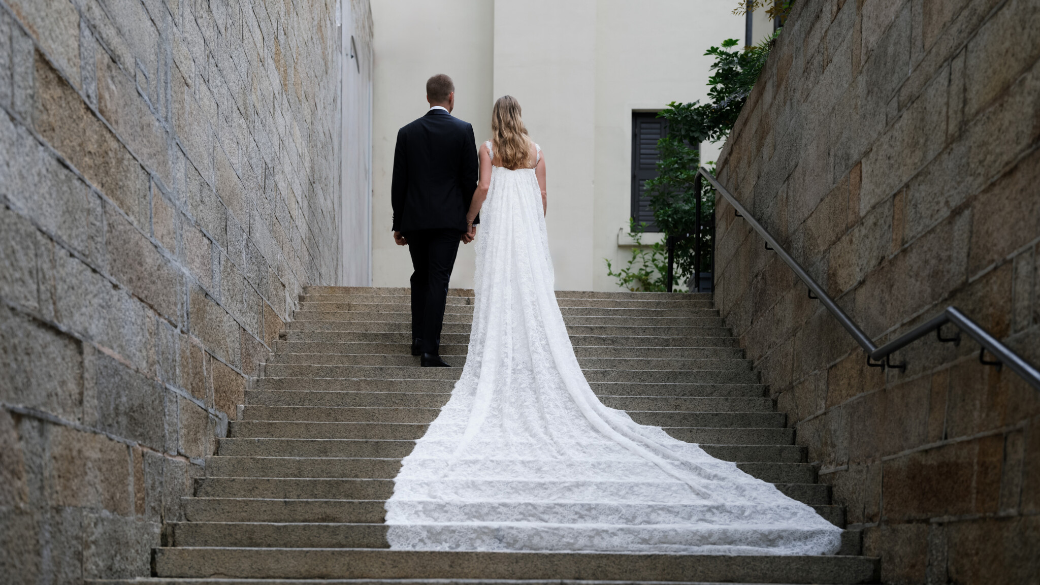 Phillipa Lepley Bride Rachel Hong Kong Wedding Lace Strap Wedding Dress Column Skirt With Lace Scalloped Watteau