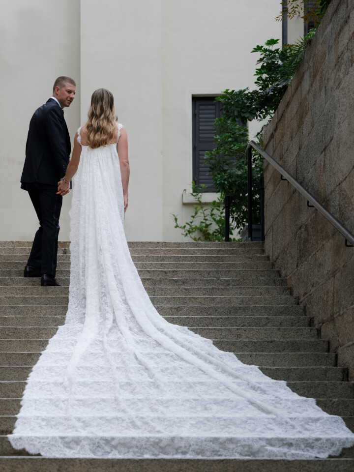 Phillipa Lepley Bride Rachel Hong Kong Wedding Lace Strap Wedding Dress Column Skirt With Lace Scalloped Watteau