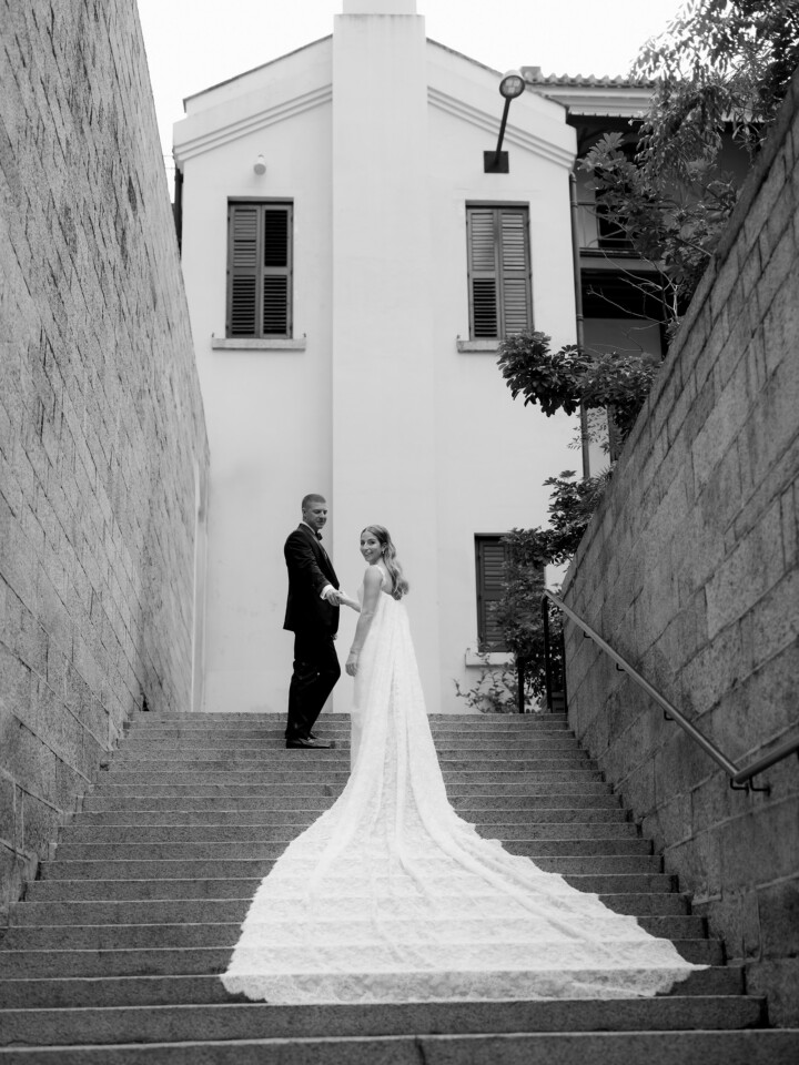 Phillipa Lepley Bride Rachel Hong Kong Wedding Lace Strap Wedding Dress Column Skirt With Lace Scalloped Watteau