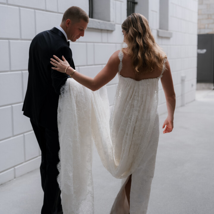Phillipa Lepley Bride Rachel Hong Kong Wedding Lace Strap Wedding Dress Column Skirt With Lace Scalloped Watteau