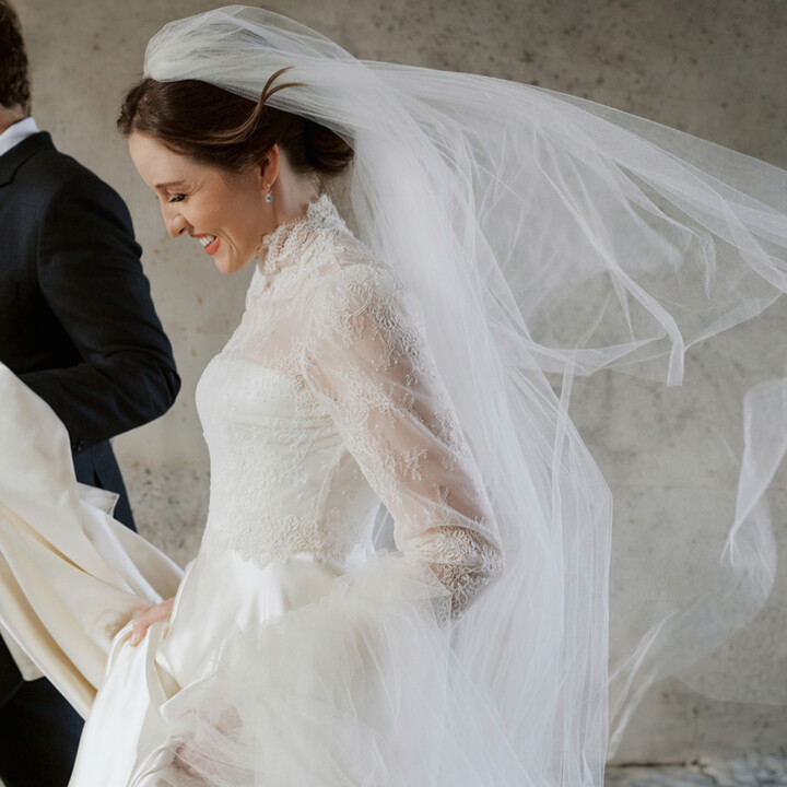 Phillipa Lepley Real Bride Taylor Duchess Satin Wedding Dress and Buttercup BB Top and Veil